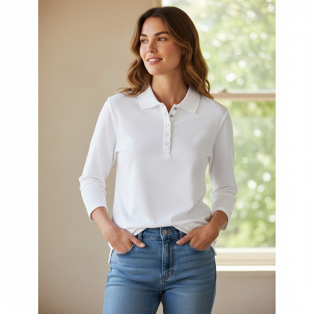 Liz Claiborne Polo Shirt Medium White Good Long Sleeve Snap Placket Pique Knit